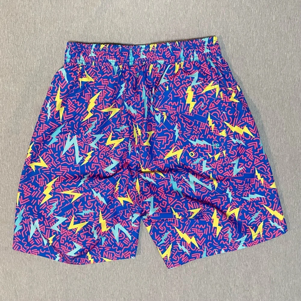 Tipsy Elves Grease Lightening Swim Trunks Small 4 Way Stretch Bolt Print